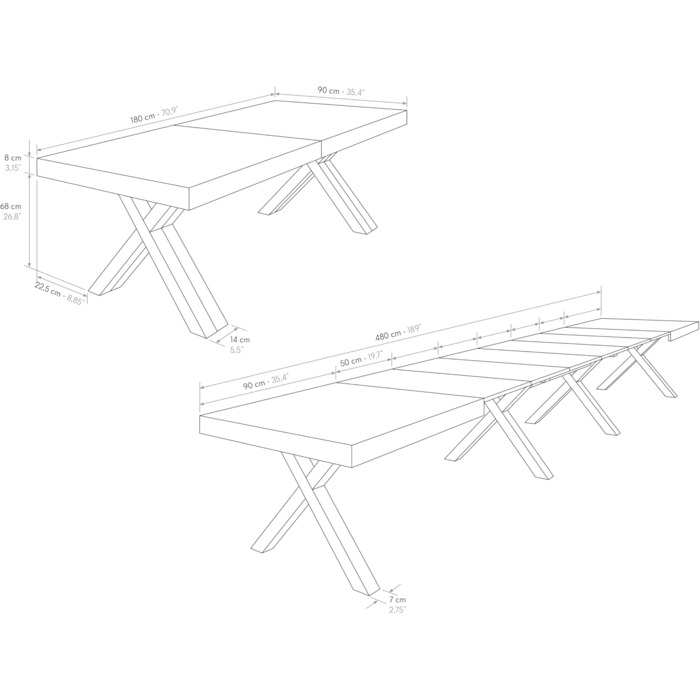 Розкладний стіл PAZZO DESIGN Roberta, стіл для вітальні, кухонний стіл, рустикальний дуб, чорні Х-подібні ніжки, від 180 до 480 см, зроблено в Італії - id2005