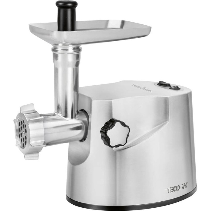 Електрична м'ясорубка Profi Cook PC-FW 1172, 1800 Вт, для м'яса, ковбас та печива, 2 кг/хв, з насадками для ковбас, кеббе та 3 сталевими дисками, нержавіюча сталь, срібляста