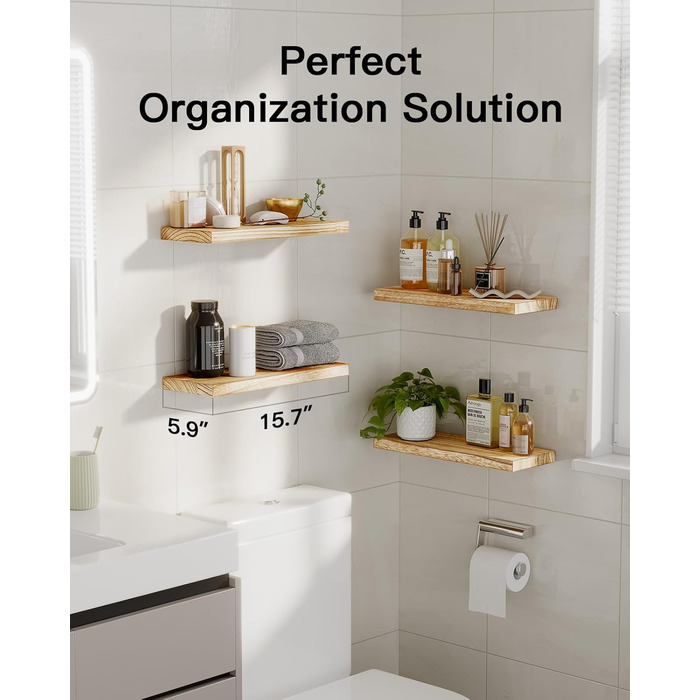 Настінна дерев&39яна полиця Pipishell, 40 см, кухонна полиця з дерева павловнії, підвісна плаваюча полиця, комплект із 4 дерев&39яних полиць для ванної кімнати, спальні, офісу, вітальні, кухні тощо (світло-коричневий)