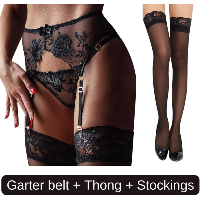 Жіночий сексуальний мереживний комплект панчіх та пояса для панчіх, комплект білизни з прозорої сітки з 4 металевими затискачами, регульовані колготки в сітку, пояс для панчіх стрінги панчохи з 3 предметів, розмір M, чорний