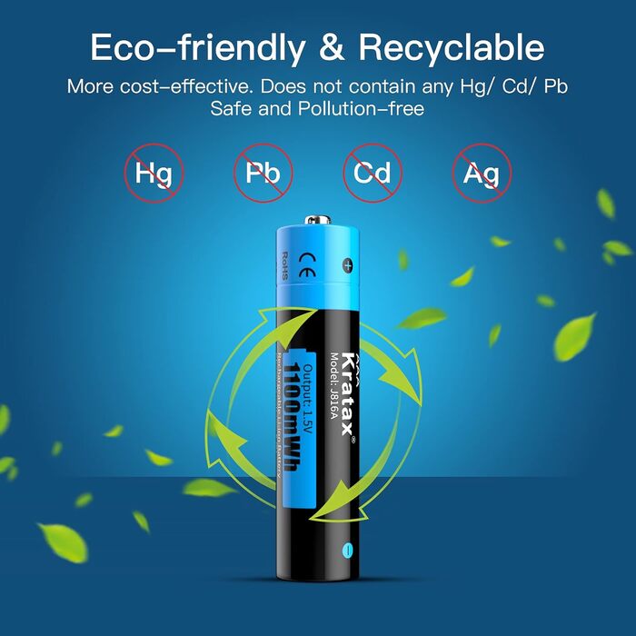 Акумуляторні літієві батарейки Kratax AAA 1100 мВтгод, 1,5 В батарейка AAA 4 батарейки та 1 зарядний пристрій, швидка зарядка, 1200 циклів зарядки та розрядки, 4 батарейки AAA 1 зарядний пристрій