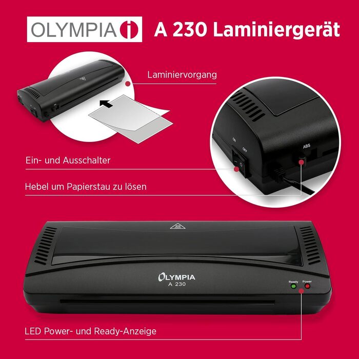 Ламінувальний набір Olympia A 230 4-в-1 Гаряче та холодне ламінування Ламінатор з закруглювачем кутів, різаком для паперу та ламінувальними пакетами Ламінування без бульбашок Захист від перегріву Одинарний ламінатор A4