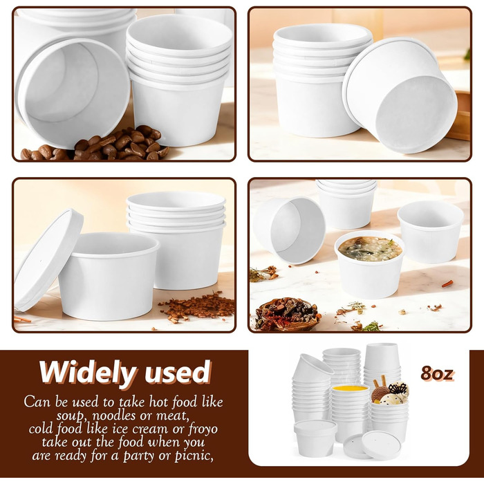 Паперових контейнерів для супу з кришками, набір картонних мисок для супу об&39ємом 240 мл, багаторазові стаканчики для салату, морозива, супу, кави (білі), 100
