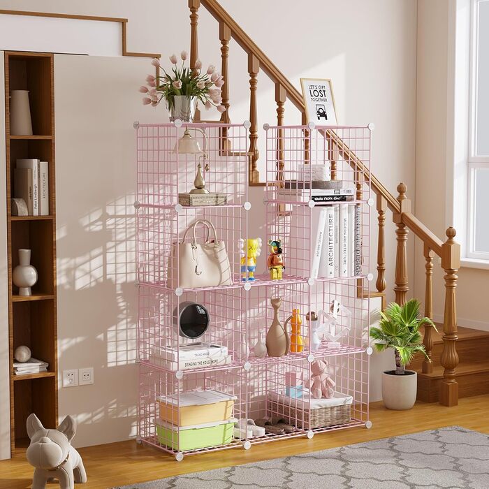 Дротяний кубічний органайзер для зберігання, 12 - металевий кубічний органайзер, C-подібна сітка, модульні полиці, органайзер для шафи, ідеально підходить для дому, офісу, вітальні, 91 см Д x 32 см Ш x 122 см В, рожевий UWCS3012P