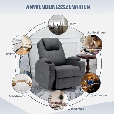 Крісло для телевізора, відкидне крісло, масажне крісло з функцією підігріву та вібрації, пульт дистанційного керування, поворот на 360, лляно-сірий колір