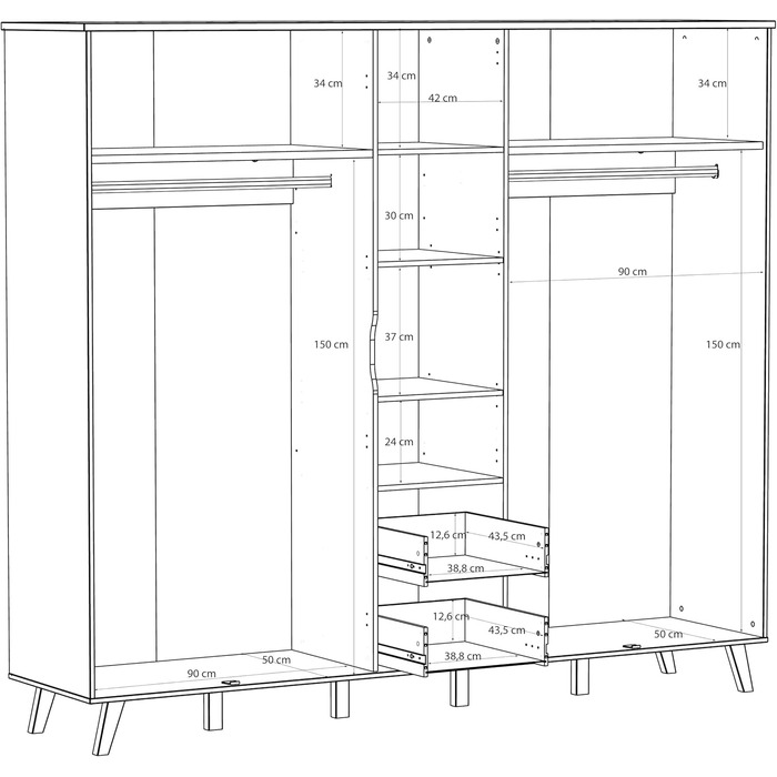 Гардероб Forte VANKKA 230, шафа в скандинавському стилі з 5 дверима на петлях та 2 шухлядами, витончені меблеві ніжки, інженерна деревина, декор дубовими дошками Білий, 228,8 см завширшки x 201,5 см заввишки x 52,7 см завглибшки. Біло-дубова 5-дверна шафа