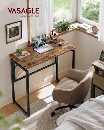 Складаний стіл, Невеликий складаний стіл, Комп&39ютерний стіл, Цільна стільниця, Закруглені кути, Стіл для домашнього офісу, Спальня, 80 x 40 см, Вінтажний коричневий LWD151KD01 80 x 40 см Вінтажний коричневий