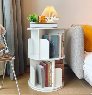 Обертова книжкова полиця Heehee з масиву дерева, підлогова полиця для зберігання на 360 градусів для дітей та дорослих, багатофункціональний органайзер для книжкової полиці (2-рівневий білий)