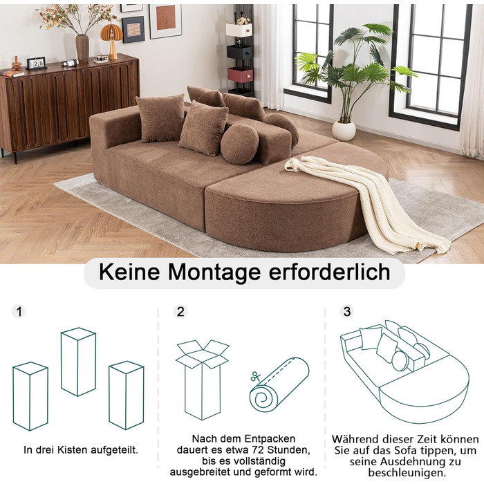 Диван Cloud із сегментованим, повністю стиснутий диван без кісток, модульний диван із функцією сну, розкладний диван, для вітальні/спальні, шеніл, не потребує складання, коричневий