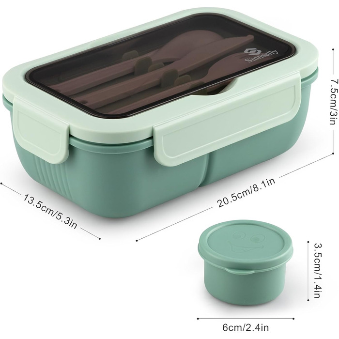 Ланчбокс Sinnsally з роздільниками, 1250 мл, набір. Контейнер для обіду для дорослих, коробка для сніданку, пенал для бутербродів з приборами. Ланч-бокс для перекусу, зелений колір.