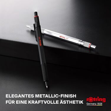 Гелева ручка rOtring 600 0,55 мм Чорне чорнило Пишучий інструмент сріблястого кольору з металевим корпусом Нековзка зона захоплення з насічкою та шестигранний корпус Змінний гель сріблястого кольору
