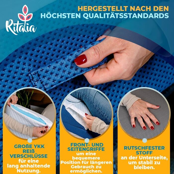 Подушка для підняття ніг Ritalia, з піни з ефектом пам&39яті, 64x43x24 см Регулювання висоти у 3 напрямках, дихаюча, чохол, який можна прати Полегшення підняття ніг, підтримка ніг, синій