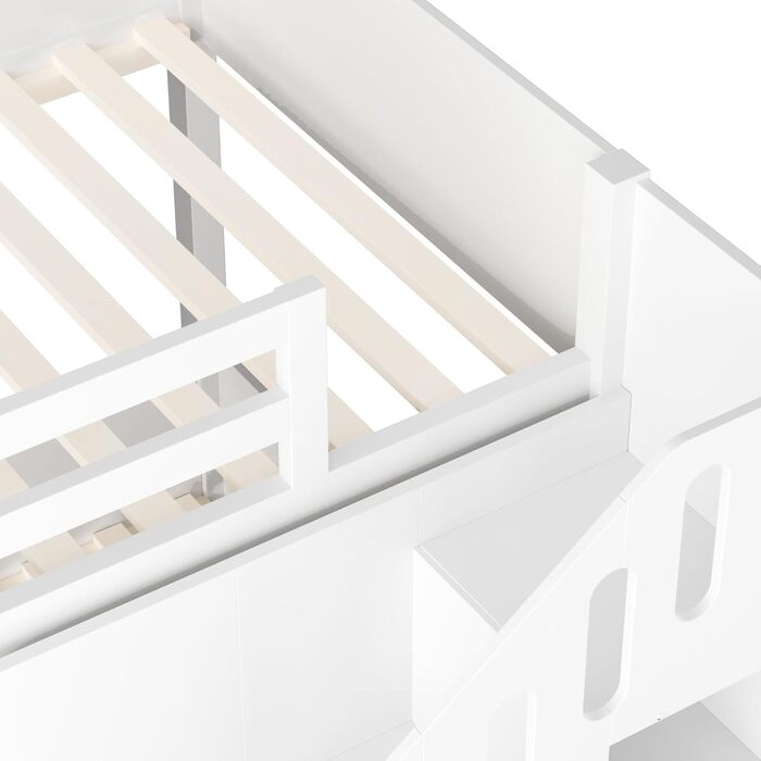 Двоярусне ліжко 90x200 см двоспальне ліжко зі сходами для зберігання речей, дитяче двоярусне ліжко зі стабільним та надійним захистом від падіння для 2 осіб, дитяче ліжко з місцем для зберігання речей/шафками/рейковим каркасом, без матраца (Білий, 90x200 