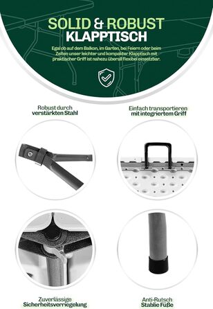 Складаний кемпінговий стіл Blumixx 180x74x74 - Легкий складаний стіл з ручкою для перенесення, всепогодний садовий стіл, складний фуршетний стіл для кемпінгу, саду, балкону, фестивалю та використання на свіжому повітрі - всепогодний, стабільний та легкий,