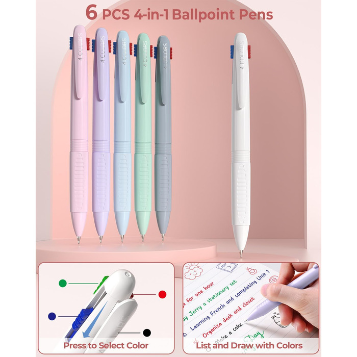 Набір шкільного приладдя Four Candies, 56 шт., естетичне, з пеналом, 6 кольорових кулькових ручок, 12 пастельних маркерів, 5 гелевих ручок з чорним чорнилом, 9 механічних олівців 0,5-2,0 мм (рожевих)