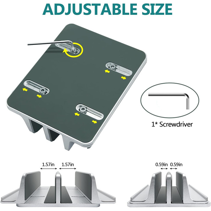 Вертикальна підставка для ноутбука з металу, подвійне регулювання, 4 слоти, для MacBook, HP, Chromebook до 17.5 дюймів (44.5 см) срібляста