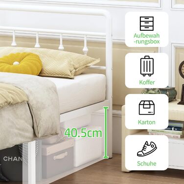 Металеве ліжко EMODA 140 x 200 см з узголів&39ям та узніжжям, каркас ліжка заввишки 46 см, міцний каркас ліжка, легке складання, безшумне, біле DE 140 x 200 см Біле