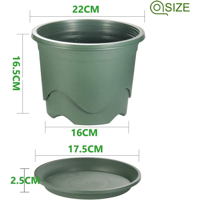 Набір із 6 пластикових горщиків для рослин KAHEIGN, квіткові горщики 22 см з блюдцями, пластикові горщики для розсади, горщики для трав, декоративні для використання в приміщенні та на вулиці (зелені)
