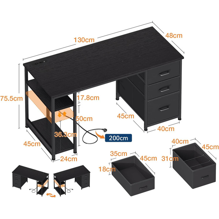 Письмовий стіл Coleshome, 130 x 48 x 75,7 см, метал / дерево / тканина, чорний