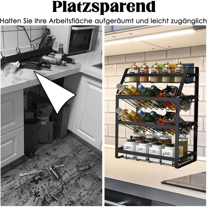 Постійна полиця для спецій, 4 яруси, металева полиця для спецій, не потребує свердління, підставка для спецій, тримач для спецій, органайзер для банок для спецій з 8 гачками, кухонна полиця для зберігання спецій - тип A