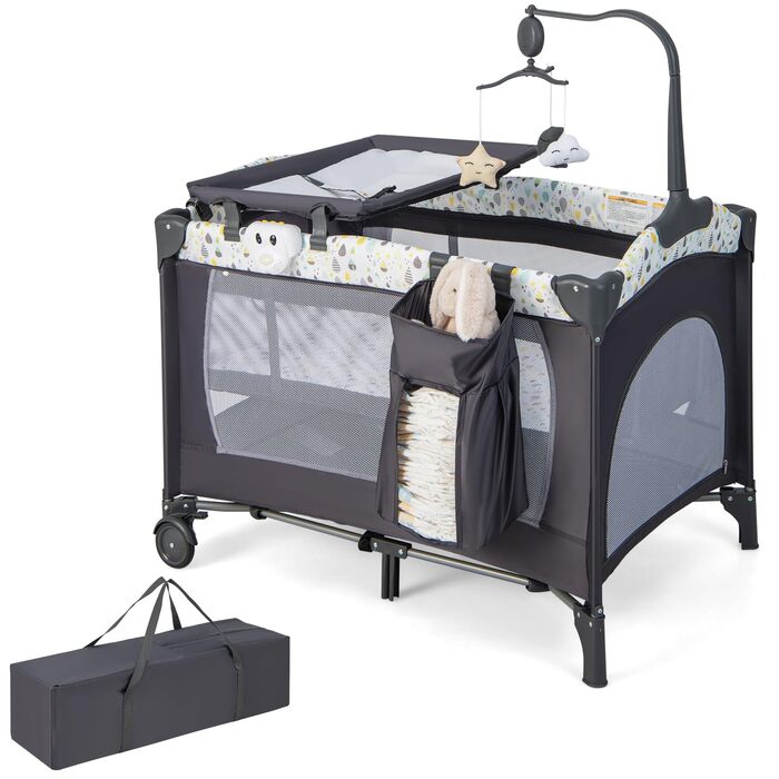 Дитяче ліжечко DREAMADE 4-в-1, складне та портативне дитяче ліжечко з колесами, матрац, пеленальний килимок та музичний мобіль, 102 x 72 см, приліжкове ліжечко для малюків 0-36 місяців (бежевий)