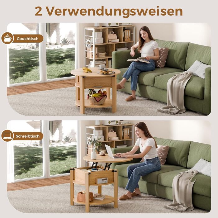 Круглий журнальний столик ELUCHANG з підйомною стільницею, журнальний столик 2-в-1 з регульованою висотою, бічний столик/стіл для вітальні з прихованим відділенням для зберігання, відкритий відсік, для вітальні/офісу, 60x60 см, дуб 60*60*48 см дуб