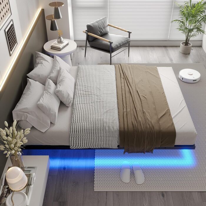 Каркас ліжка DICTAC 140x200 зі світлодіодним освітленням, Ліжко 140x200 з металевою рейковою основою, Плаваючий каркас ліжка 140 x 200 для дорослих з освітленням - Міцний та стійкий, Легке складання, Чорний (без матраца) 140x200 см