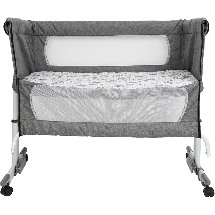 Дитяче ліжечко homewell Baby Bed Crib, дитяче ліжко та колиска 2 в 1, пружинне ліжко Baby Box, дитяче ліжко з колесами, москітна сітка, сумка для зберігання та матрац, регульована висота (модель 1 сірого кольору)