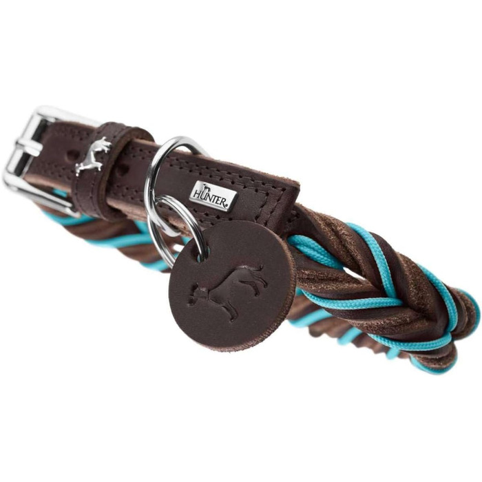 Нашийник для собак HUNTER SOLID Education, колір темно-коричневий/бірюзовий, міцна яловича шкіра, ручне плетіння, виготовлено в Німеччині, розмір 50 темно-коричневий/бірюзовий 50