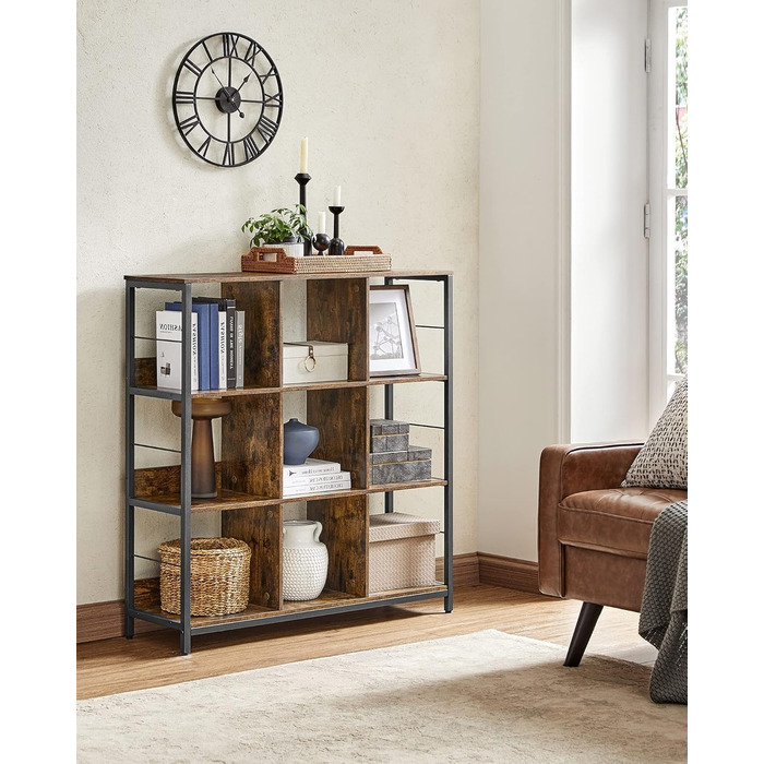 Рівнева полиця, книжкова шафа, окремостояча полиця з 9 відділеннями, для вітальні, спальні, кабінету, кухні, 30 x 100 x 103,1 см, вінтажний коричневий-чорнильний чорний LLS112B01 30Г x 100Ш x 103,1В см Вінтажний коричневий чорнильний чорний, 3-