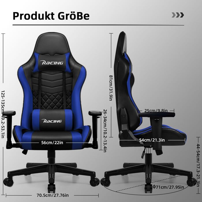 Геймерське крісло, ігрове крісло з функцією гойдання до 170, геймерське крісло з регульованою поперековою подушкою, підголівником та підлокітниками, офісне крісло зі зручними подушками сидіння, ігрове крісло вантажопідйомністю 150 кг