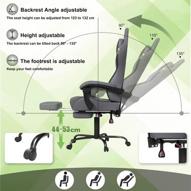 Ігрове крісло з масажем, сіре, ігрове крісло з підставкою для ніг, підголівником та масажною поперековою подушкою, ергономічне офісне крісло, регульована висота для геймерів, ігрова кімната, офіс