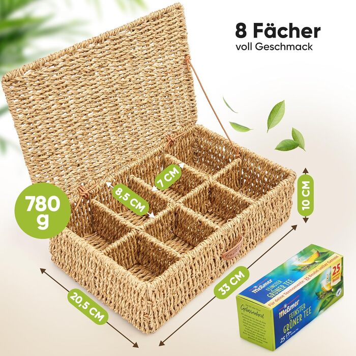 Чайна коробка для чайних пакетиків, сплетена з морської трави дуже великі відділення Коробка для зберігання чайних пакетиків для всіх видів чаю Коробка для зберігання чайних пакетиків Виберіть варіант