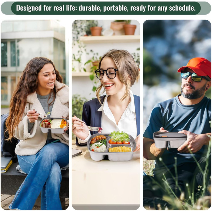 Набір ланчбоксів 2 шт. для дорослих та дітей, нержавіюча сталь 18/8, 1500 мл 1350 мл. Герметичні контейнери з відділеннями для обіду, сніданку та перекусу. Металевий ланчбокс у стилі бенто.