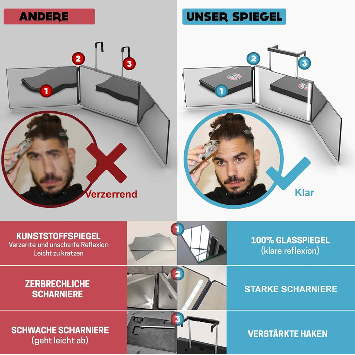 Градусне світлодіодне дзеркало - дорожня версія з регульованими телескопічними гачками, ідеальне дзеркало для самостійної стрижки для чоловіків - 3-кратне дзеркало для стрижки волосся - дзеркало для стрижки волосся з Led, 360-