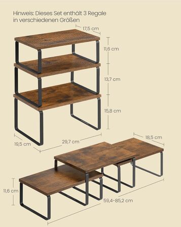 Стійка для спецій, набір із 3 кухонних органайзерів, штабелюється, розширюється, композитний метал та дерево, вінтажний коричнево-матово-чорний KCS220K02 19,5 Г x 29,7 Ш x 15,8 В см, білосніжно-білий матово-білий
