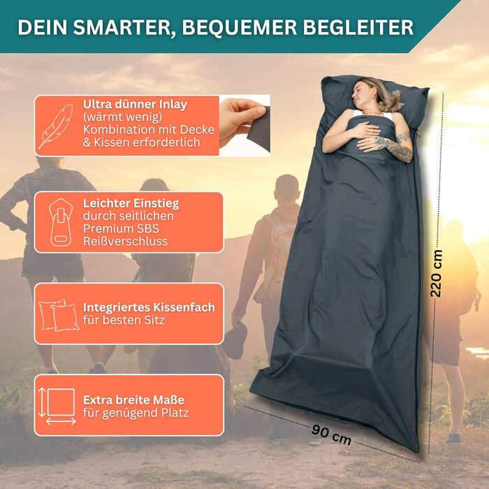 Бавовняний підклад для спального мішка - Ультралегкий та ультратонкий підклад для спального мішка без підкладки - Дорожній спальний мішок, невеликий розмір у пакувальному місці, підкладка з кишенею для подушки - Компактний та маленький, сірий бавовняний