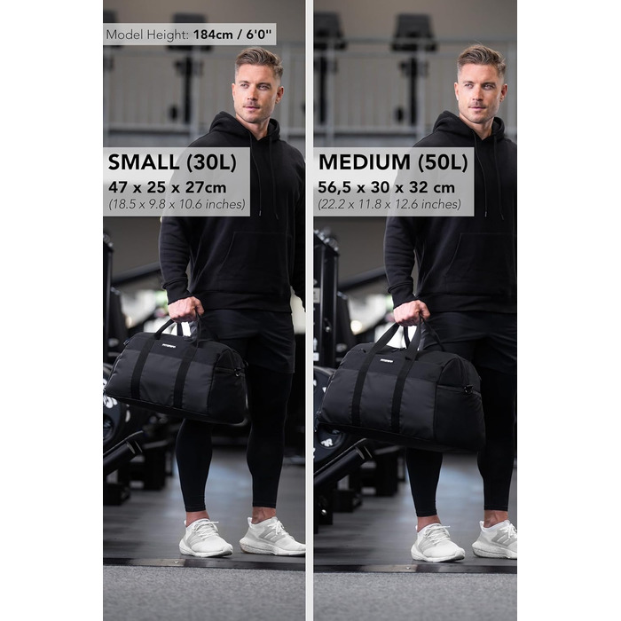 Спортивна та дорожня сумка Fitgriff V2 для жінок та чоловіків - з відділенням для взуття та відділенням для вологих речей - Сумка для спорту, фітнесу, подорожей - Сумка для тренувань, Сумка для спортзалу, (Чорна, Середня) Чорна 56 x 30 x 32 см (Середня)