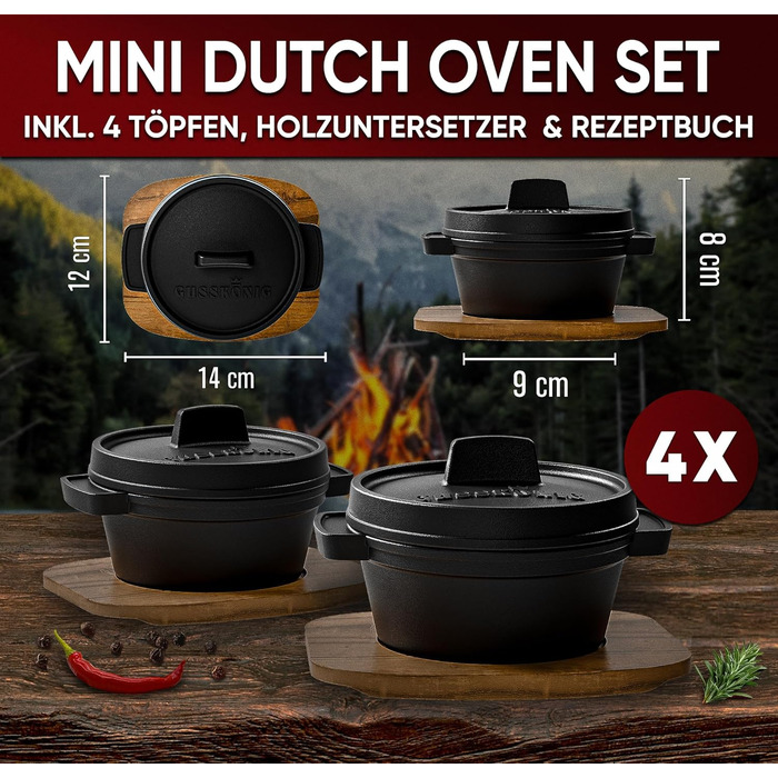 Набір голландської печі GUSSKNIG Mini з дерев'яною підставкою - 4 чавунні міні-горщики по 300 мл з кришкою - запечена міні-голланд
