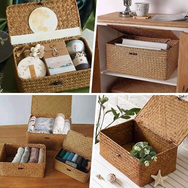 Ротанговий кошик з кришкою, кошик для зберігання з 3 предметів з натуральної морської трави, багатофункціональний кошик для зберігання, плетені полиці-кошики (B)