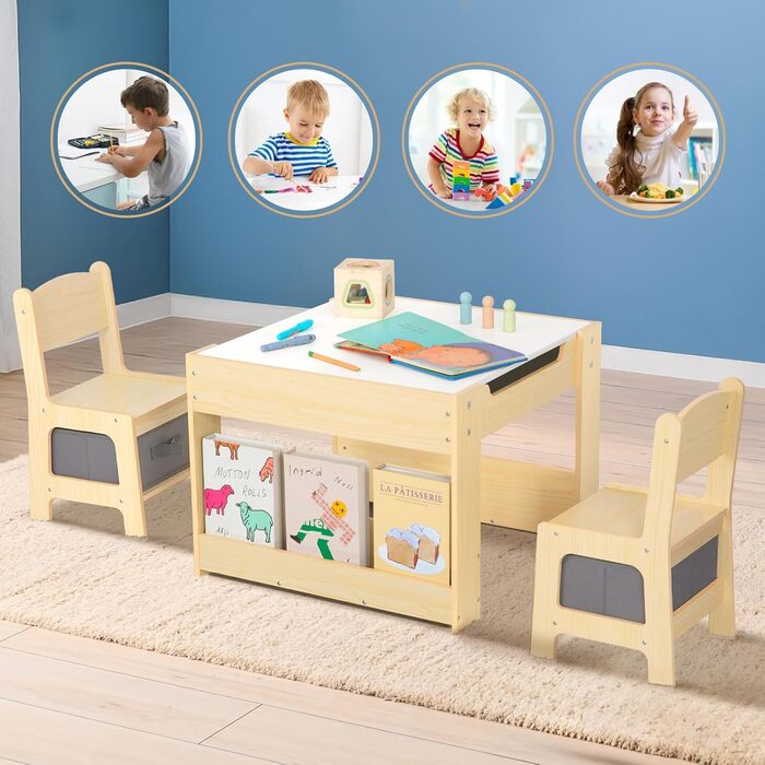 Дитячий стіл OOOK 4-в-1 з 2 стільцями, комплект дитячого столу та стільців, робочий стіл з дошкою для гри в білі та чорні дошки, шухлядою для зберігання та книжковою полицею, комплект дитячих сидінь для дитячих кімнат та ігрових кімнат