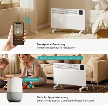 Енергозберігаючий електричний обігрівач EMKE 2000 Вт, розумний електричний конвекторний обігрівач з Wi-Fi та керуванням через додаток, електричний радіатор, окремостоячий або настінний, білий