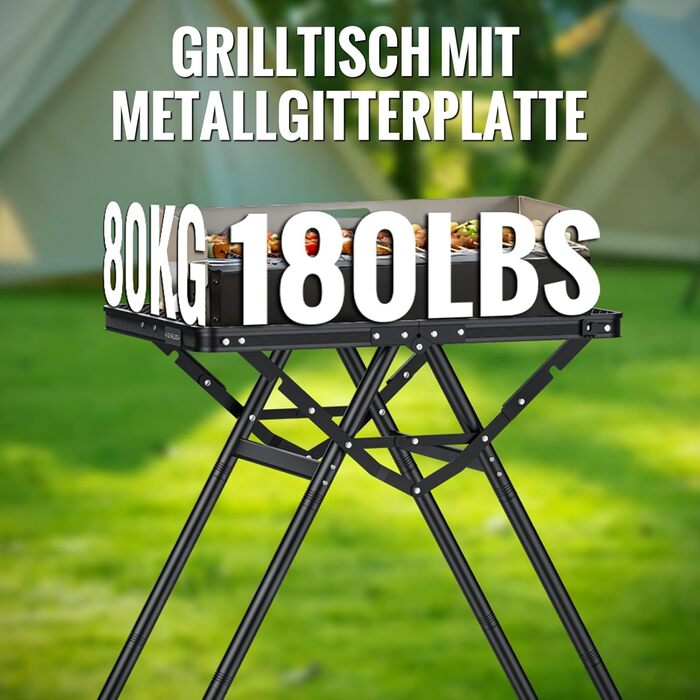 Складаний стіл для гриля GARLLEN, 60x40 см та 3 регульовані висоти (25/48/71 см), X-подібна конструкція опори стабільний, легкий та портативний кемпінговий стіл, складаний стіл, садовий стіл, стіл для пікніка, невеликий стіл для гриля