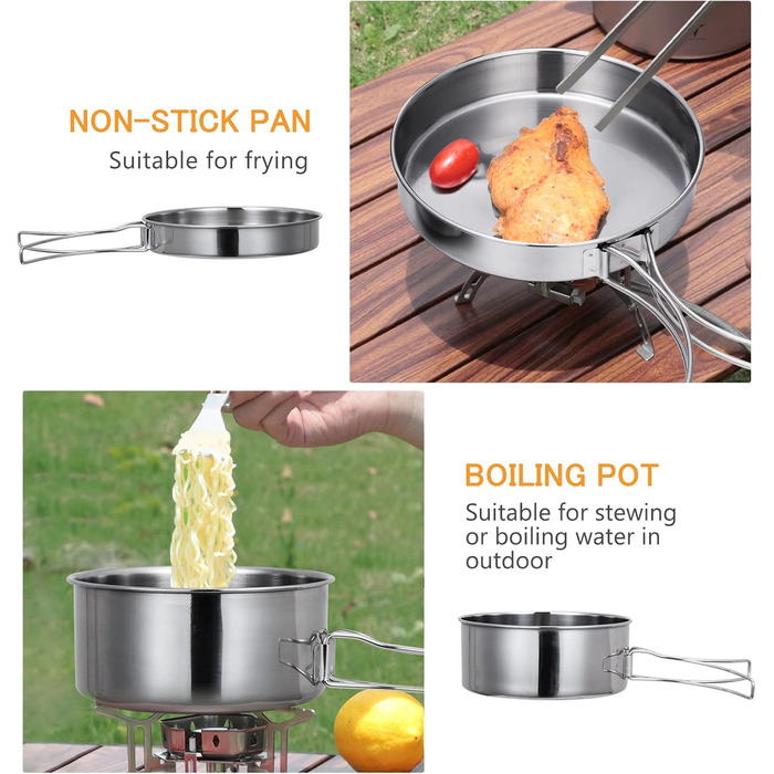 Набір посуду Lixada для кемпінгу, 4 предмети, нержавіюча сталь, компактний складаний посуд для пікніка, приготування їжі в походах та кемпінгу