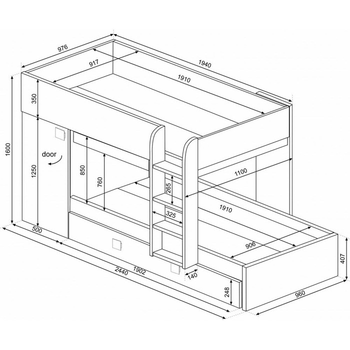 Двох'ярусне ліжко для двох дітей з висувним спальним місцем і шафою для одягу в білому кольорі