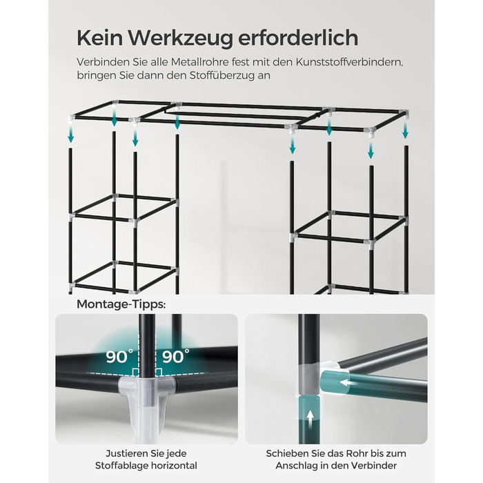 Шафа, Тканинна шафа, з вішалкою для одягу та полицями, Тканинний чохол, для спальні, гардеробної, 150 x 45 x 175 см, Чорний LSF03H