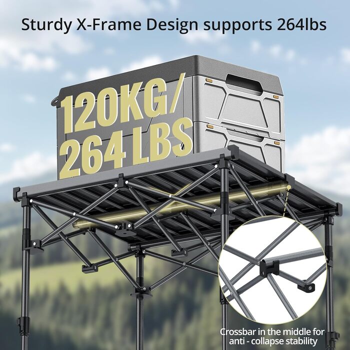 Стіл для кемпінгу Anbte, розкладний стіл 67x58 см (ДxШ), алюміній, стільниця, що згортається, з 2 рівнями висоти (44/70 см), X-подібна конструкція, вантажопідйомність до 150 кг, з сумкою для зберігання для пікніків, саду, балкону, 67 x 58 x 44/70 см