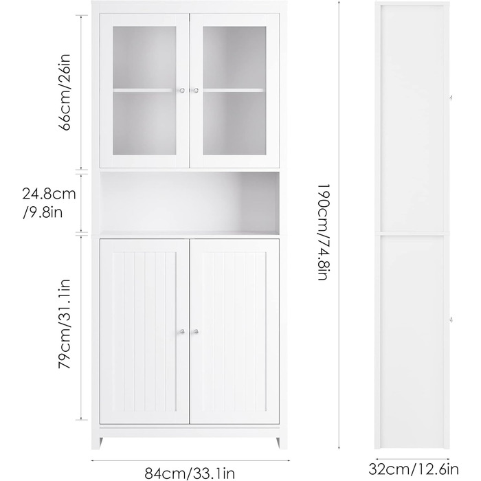 Книжкова шафа-вітрина з дверцятами Висока шафа Вітальня Буфет Їдальня Багатофункціональна шафа Біла 84x32x190 см, 190
