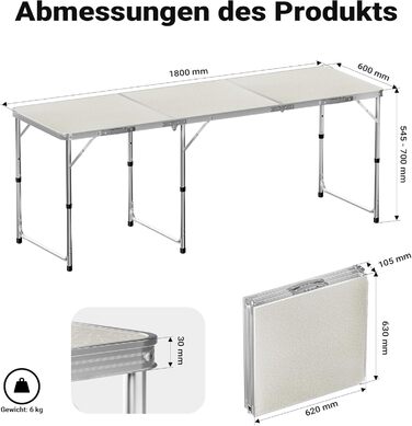 Складаний кемпінговий стіл 180x60x70см, регульована висота 54/61/70см, розкладний стіл з алюмінієвим каркасом та стільницею з МДФ, портативний багатофункціональний стіл, фуршетний стіл, кемпінговий стіл, садовий стіл, складаний