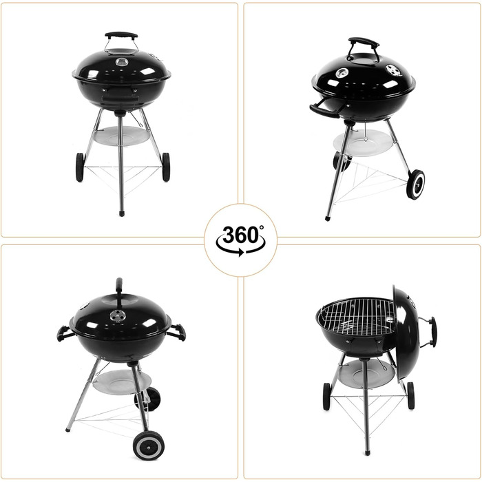 Портативний вугільний гриль з нержавіючої сталі для пікніка та кемпінгу. Малий гриль з кришкою, колесами та термометром. Розбірний гриль для саду, вечірок на відкритому повітрі. Розміри 47x49x80 см.